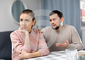 Apologetic husband calming upset wife after spat at home