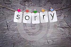 Apologise concept. Cute heart icons garland with text sorry on grey background top view copy space