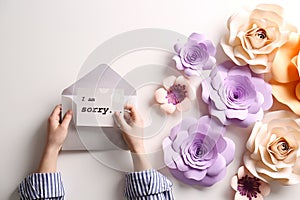 Apology. Woman holding envelope and card with phrase I Am Sorry near beautiful flowers at white table, top view