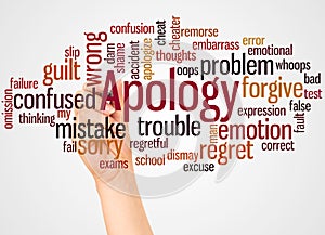 Apology word cloud and hand with marker concept