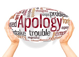 Apology word cloud hand sphere concept