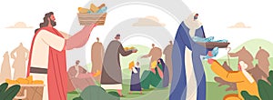 Apostles of Christ Characters Give Food to Hungry Crowd. Biblical Story about God Creating Miracle. Vector Illustration