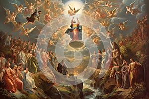 Apostles with wings soar in the sky above the crowd of the righteous AI