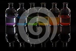 Apothecary, laboratory bottles with colored liquid