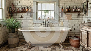 Apothecary-style bathroom with antique bottles and clawfoot tub