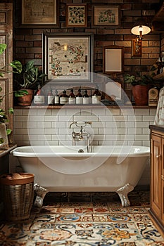 Apothecary-style bathroom with antique bottles and clawfoot tub3D render