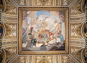 Apotheosis of the Renaissance, Great painting on ceiling of the grand staircase of Kunsthistorisches Museum on in Vienna, Austria