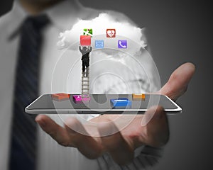 App blocks smart tablet with cloud and businessman climbing ladd