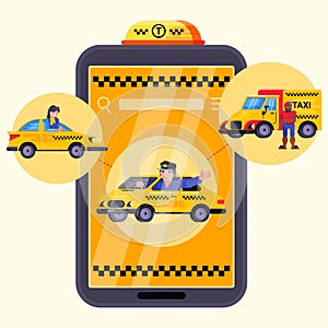 App city car mobile taxi service, vector illustration. Driver near cab in application, online order auto at passenger