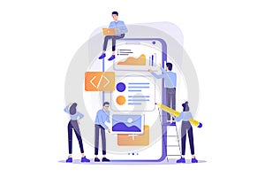 App Design and Development concept. Developers team creating or programming an application for smartphone. Isolated modern vector