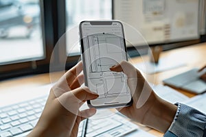 App developer meeting, discussing smartphone screen prototype for UI/UX