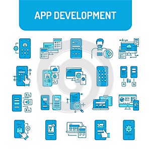 App development color line icons set. Creating and using a mobile application.