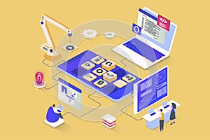 App development concept in 3d isometric design. UI UX layout developing, programming application interfaces, coding mobile