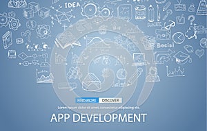App Development Concept Background with Doodle design style :user interfaces,