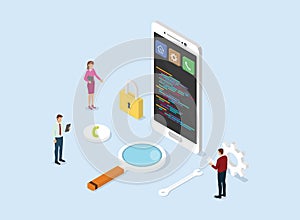 App development concept business with smartphone and programming script code with isometric flat style - vector