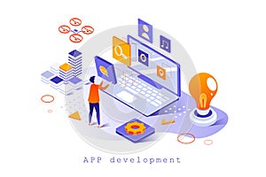 App development concept in 3d isometric design.