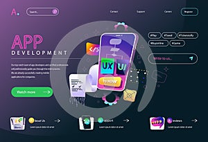 App development concept in flat cartoon design for homepage layout. Mobile ui ux design prototyping, creating smartphone programs