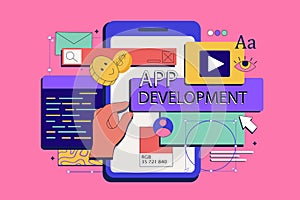 App development concept in flat neo brutalism design for web. Vector illustration