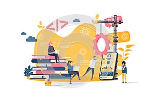 App development concept in flat style. Developers team creating mobile app scene. UI, UX design, engineering and programming web