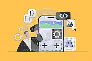 App development concept in modern flat design for web. Developer making ui ux engineering and creating mobile wireframe