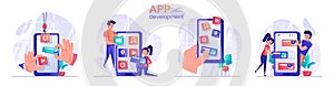 App development concept scenes set. Developers create mobile application, arrange interface buttons, create UI design. Collection