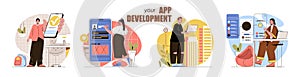 App development concept scenes set. Developers create mobile software, application interfaces, optimize products. Collection of