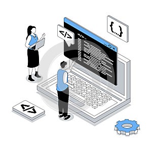 App development 3d isometric concept with isometry people design for web. Developer team programming of interface wireframe layout