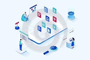App development 3d isometric web design. Vector web illustration