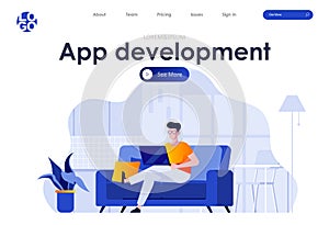 App development flat landing page design. Programmer working at home on sofa scene with header. UI UX usability design,