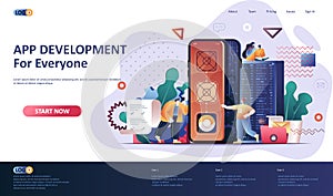 App development flat landing page template. Mobile application design, prototyping and programming web banner. Software