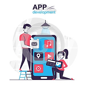 App development isolated cartoon concept. Developers create layout for mobile applications, people scene in flat design. Vector