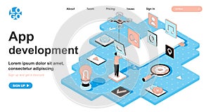 App development isometric concept. Developer creates layout with buttons for mobile application, usability interface, line flat
