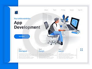 App development isometric landing page. Programmer working with computer in office situation. UI, UX responsive design,