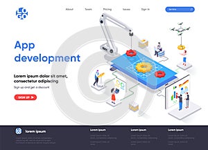 App development isometric landing page. UI UX design, prototyping, engineering and programming application. Digital technology