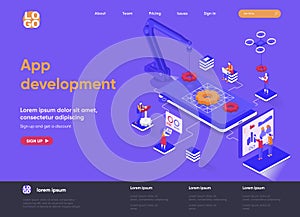 App development isometric landing page. UI UX design, prototyping, engineering and programming application. Digital technology