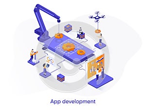 App development isometric web banner. Mobile application design, full stack programming isometry concept. Software development 3d