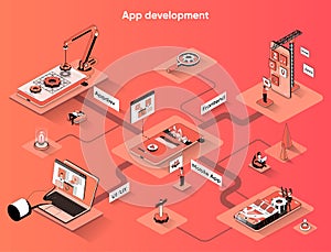 App development isometric web banner. Programming smartphone mobile or computer application flat isometry concept. UI UX