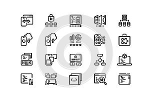 App development line icons. Software coding, front and backend development, UI layout and performance optimization. Vector