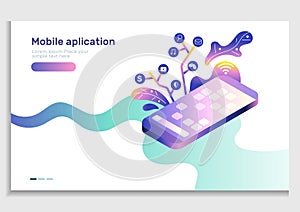 App development Mobile web gradient vector illustration.Isometric mobile phone with icon of application.User experience,user inter