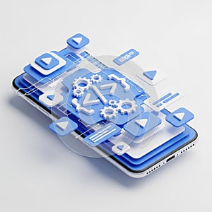 App development on smartphone with code and ui elements isolated on white background