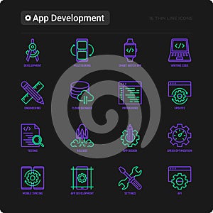 App development thin line icons set: writing code, multitasking, smart watch app, engineering, updates, cloud database, testing,