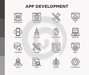 App development thin line icons set: writing code, multitasking, smart watch app, engineering, updates, cloud database, testing,