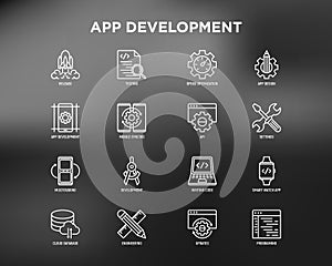 App development thin line icons set: writing code, multitasking, smart watch app, engineering, updates, cloud database, testing,