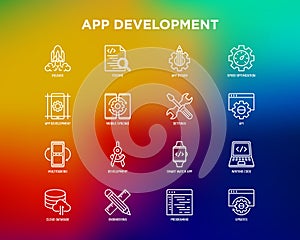 App development thin line icons set: writing code, multitasking, smart watch app, engineering, updates, cloud database, testing,
