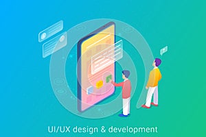 App Development UI UX Design Isometric Flat vector illustration. People standing and working with interface buttons in Mobile