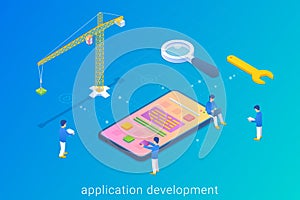 App Development UI UX Design Isometric Flat vector illustration. People standing and working with interface buttons in Mobile