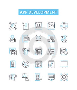 App development vector line icons set. app, development, design, mobile, software, coding, development illustration