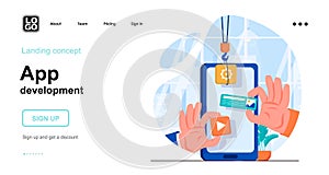 App development web concept. Mobile application development, create of interface layout with buttons. Template of people scene.