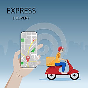 App for food delivery on a smartphone. Seller on a moped with prepared food.