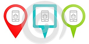 app, house, mobile, pin vector icon. Multicolor pin vector icon, diferent type map and navigation point